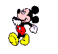 Mickey Mouse in red shorts, yellow shoes, white gloves, black ears and body on gray background performing sequential poses.