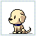 A 4x4 contact sheet of pixel art frames showing a beige dog with blue collar in various poses and expressions, including sitting, looking left/right, mouth open with tongue out, pink heart shapes near ears, and red question mark above head.