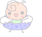 Pixelated angelic figure with light skin, black eyes, pink cheeks, and a small mouth, wearing a green top and blue skirt with white crosses and hearts, white wings, and a single spiral curl on its head.