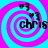 Four identical display a cyan and magenta spiral background with black text 'chris' and two heart symbols above it