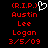 Red pixel text on black background with a white heart symbol above the name Austin Lee Logan and date 3/5/09.
