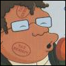 Cartoon character with brown skin, black hair, and rectangular glasses, mouth open in a shout, holding an orange object near the face.