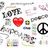 A static pattern of repeated pixelated icons including red hearts, black peace signs, and 'LOVE' text on a white background.