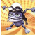 Pixelated character with dark blue body, white helmet, and green eyes running against yellow-orange gradient background.