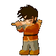 Pixel art character in orange jacket and gray pants plays a flute, with four distinct poses showing hand positions and head angles.