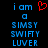 Pixelated blue text reads "i am a SIMSY SWIFTY LUVER" with a red heart symbol replacing the 'o' in 'am' on the left side of the image.