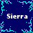 Static pixel art image with four instances of the text "Sierra" arranged around a central cyan snowflake-like pattern on a dark blue background.