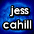 Pixelated text 'jess cahill' in white with black outlines on a blue gradient background, static image.