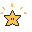 Pixelated yellow star with black outline and two small square eyes, surrounded by scattered yellow sparkles on gray background.
