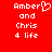 Red background with white pixelated text reading "Amber and Chris 4 life" on both sides, one side featuring a heart symbol replacing the 'o' in Amber.