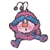 Pixelated cartoon snowman wearing a blue and pink striped hat with ear flaps, orange carrot nose, and black dot eyes on white background.