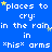 Blue background with repeated white text 'places to cry: in the rain, in his arms' and yellow star symbols scattered throughout.