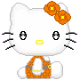 Pixelated white cat with orange flower headband, yellow nose, and orange patterned dress; left view shows open eyes, right view shows closed eyes with pink cheeks.
