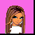 Pixel art of a female character with long brown hair, blue eyes, and white top against pink background; includes full-body, torso, head, and text