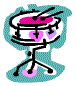 Animated drum set icon with pink accents and cyan outline, showing subtle motion in the cymbal arms.