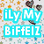 Pixelated image with cyan and purple text blocks over a multicolored pixelated background, featuring stylized text and a heart symbol.