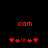 Red pixelated text 'com' above two of red and dark red heart symbols on a black background