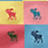 Animated sequence of four distinct moose icons cycling through red, blue, green, and dark blue colors against alternating yellow and pink backgrounds.