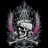 Pixelated skull with crossed bones and pink horns, purple text 'LOVE' and 'BLACK', and a small purple heart on black background.