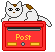 A white cat with brown patches lies atop a red mailbox labeled 'Post' in yellow text, showing three distinct poses across observations.