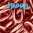 Blue text 'happy holidays' overlaid on a red and white striped pattern with swirling lines.
