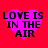 Four identical pink heart-shaped icons with black text "LOVE IS IN THE AIR" on a red background, arranged in a