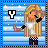 Pixel art of a blonde character with closed eyes, black armbands, white crop top, and checkered pants holding a starry background with a black 'Y' symbol.