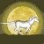 A white horse runs left to right against a yellow circular background with a dark brown border.