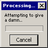 A sequence of nine identical processing windows showing a progress bar filling with blue segments, followed by a final error window with red X icon and 'Process failed. Damn not given.' text.