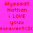 Pixelated red text on colored backgrounds reads 'Alyssa!! Nathan i LOVE youu forever!!<3' in four quadrants with varying background colors.