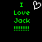 Green pixelated text on black background reads "I Love Jack" with exclamation marks and a white heart symbol above the text.