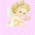Pixelated angel figures and colorful block letters arranged in a on pink background with gray bottom section