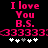 Pixelated pink text on black background reads "I love You B.S." with repeated heart symbols and white/grey plus signs below.