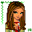 Animated contact sheet of a pixel art character with long brown hair and green eyes, displaying multiple facial expressions and text overlays in bright green pixelated font on white background.