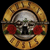 Static circular icon featuring a stylized skull with red roses and golden wreath-like border on black background.