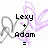 Pixelated heart outline with purple floral background and text reading Lexy + Adam = LOVE!! FOREVER!!!