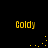 Yellow pixelated text 'Goldy' appears in four corners of a black background with scattered yellow dots forming partial circular patterns.