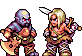 Two pixel-art characters stand side-by-side against a gray background; one is large with purple skin and an axe, the other has blonde hair and carries weapons.