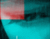 A sequence of animated frames showing a person with a red and cyan anaglyph effect, transitioning from a close-up of the face to a full-body view with hand gestures and text.