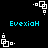 Pixelated cyan text 'EvexiaH' appears below white geometric shapes on a black background, with multiple identical copies arranged in a pattern