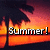 Pixelated image with fiery orange and red background, dark blue sky at top left, white text reading 'Summer!' in blocky font.