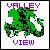 Pixelated green dragon with dark accents stands against a light background, text 'VALLEY' above and 'VIEW' below in purple block letters.