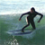 Pixelated static image of a person in a black wetsuit surfing on greenish water with light blue sky background.