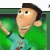 A cartoon character in a green shirt with raised arm appears on left, surrounded by pixelated text fragments about myths and locations.