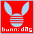 Pixelated icon with light blue rabbit ears and striped body on solid red background, white text 'bunn:das' at bottom.