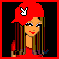 A 2x2 contact sheet of a pixel art animated icon featuring red and black color scheme with text elements, showing four distinct frames including character portrait, bunny logo, and text phrases.