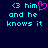Pixelated cyan text '<3 him and he knows it' on dark blue background with pink heart symbol replacing '3' in left side.