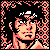 Pixelated static icon featuring a character with dark hair and light skin, framed by red-orange checkered border on black background.