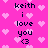 Pixelated pink background with scattered light pink hearts and repeated text 'keith i love you <3' in dark blue.