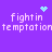 Purple background with pixelated text 'fightin temptation' repeated in four quadrants, each with a different animated symbol above it.